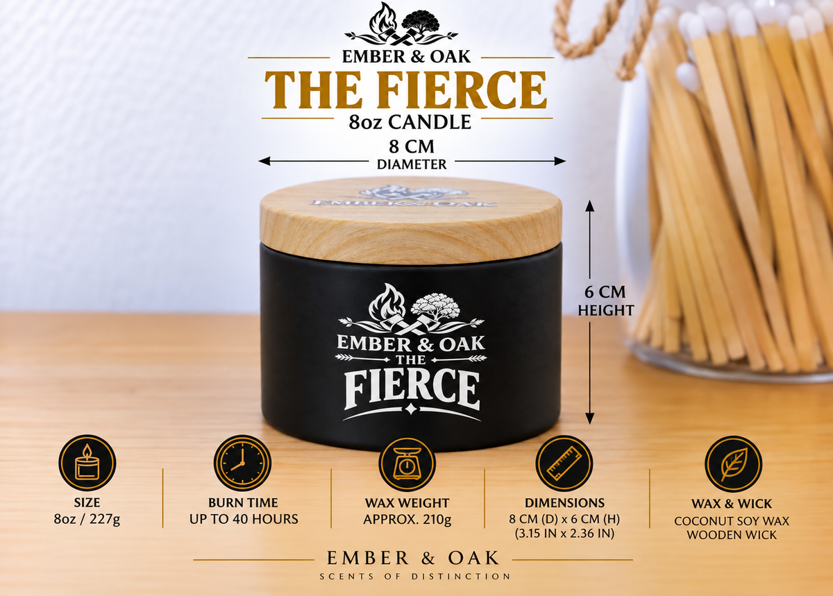     Ember & Oak The Fierce 8oz candle showing dimensions, wax weight and product specifications