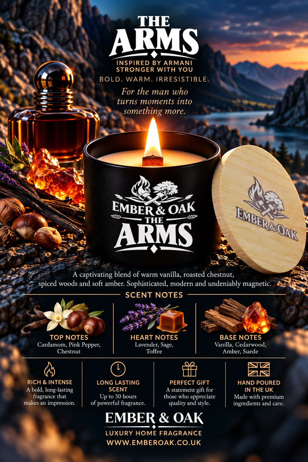 The Arms luxury candle with Stronger With You-inspired fragrance imagery, scent notes and product details