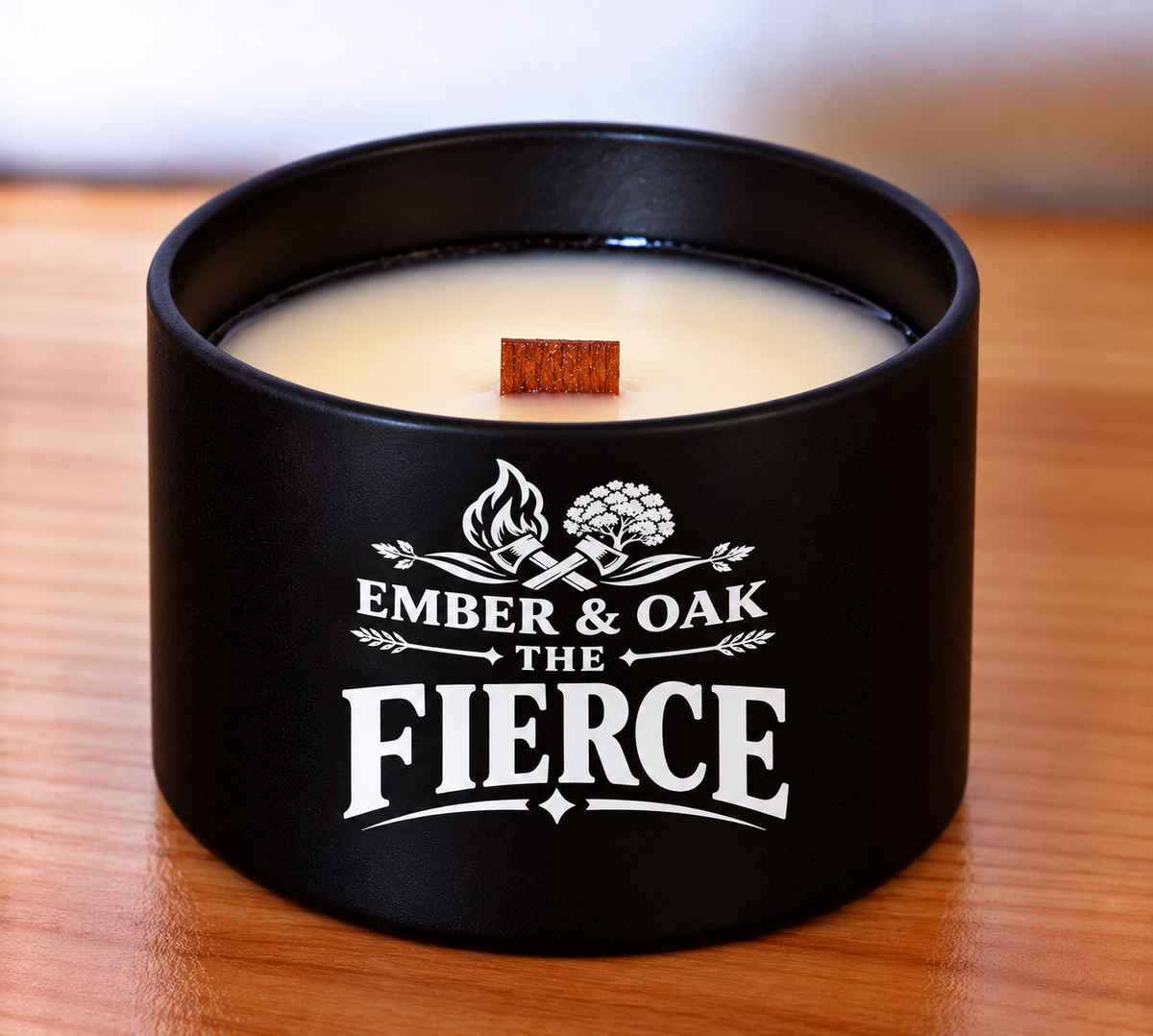     The Fierce 8oz candle showing coconut soy wax and wooden wick