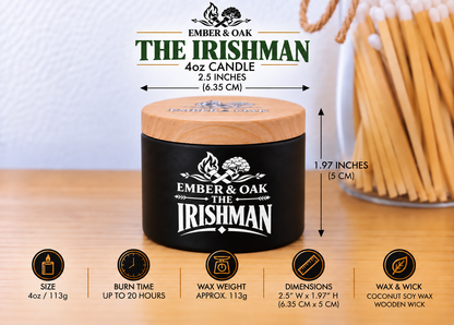     Ember & Oak The Irishman 4oz candle showing dimensions, wax weight and product specifications
