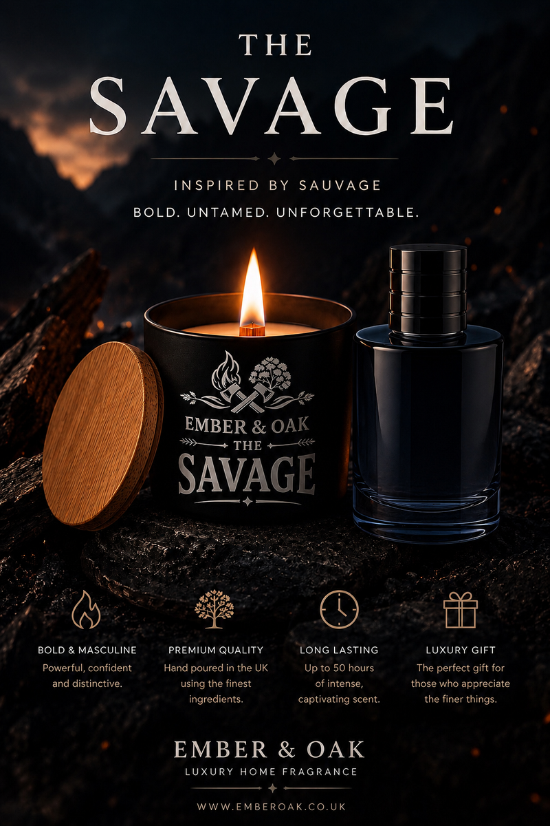 The Savage candle inspired by Sauvage showing fragrance inspiration and product details