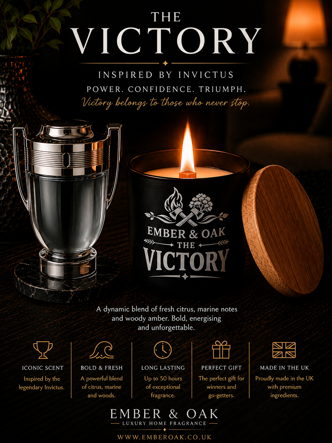 The Victory candle inspired by Invictus showing fragrance inspiration and product details
