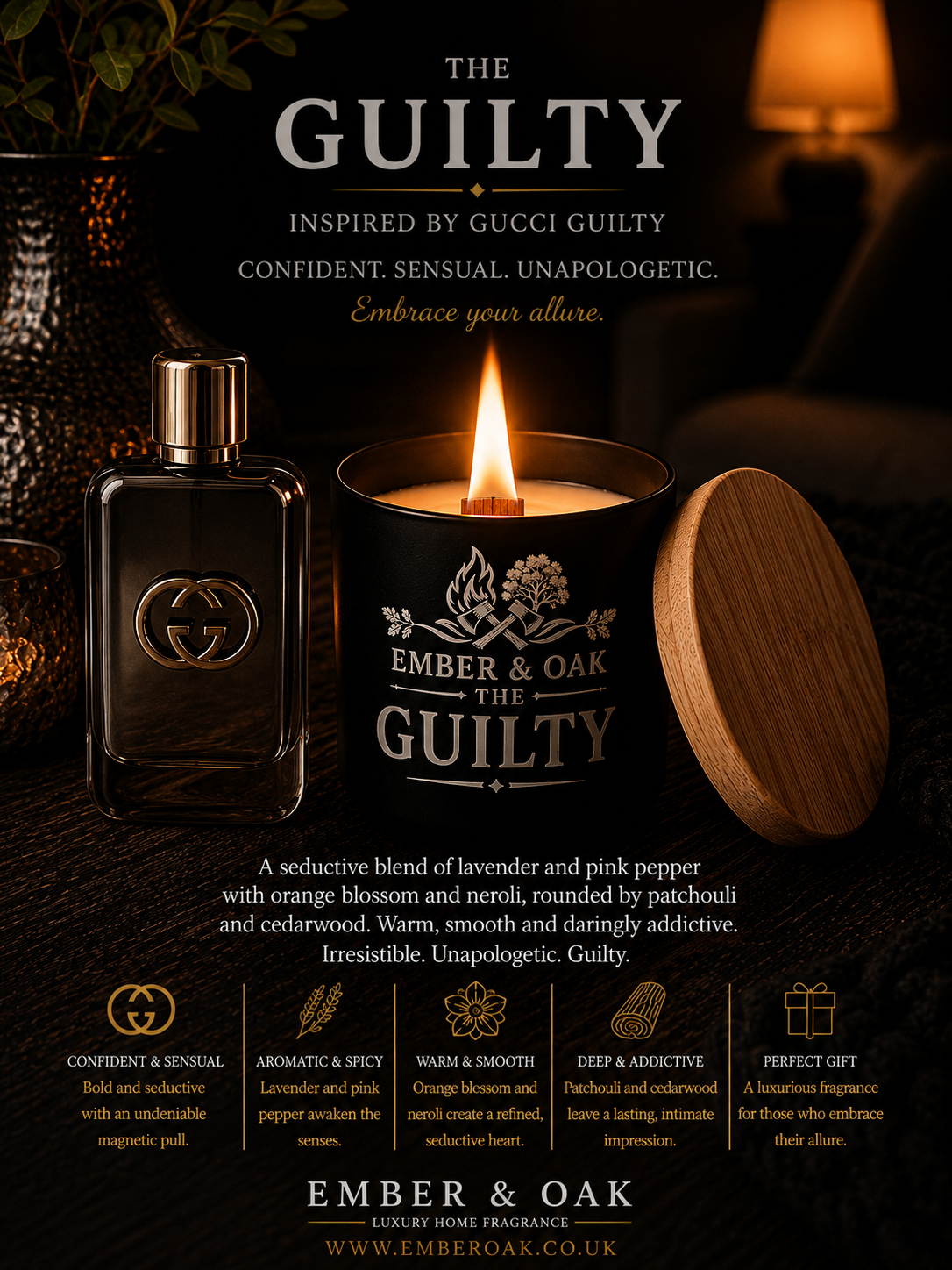 The Guilty candle inspired by Gucci Guilty showing fragrance inspiration and product details
