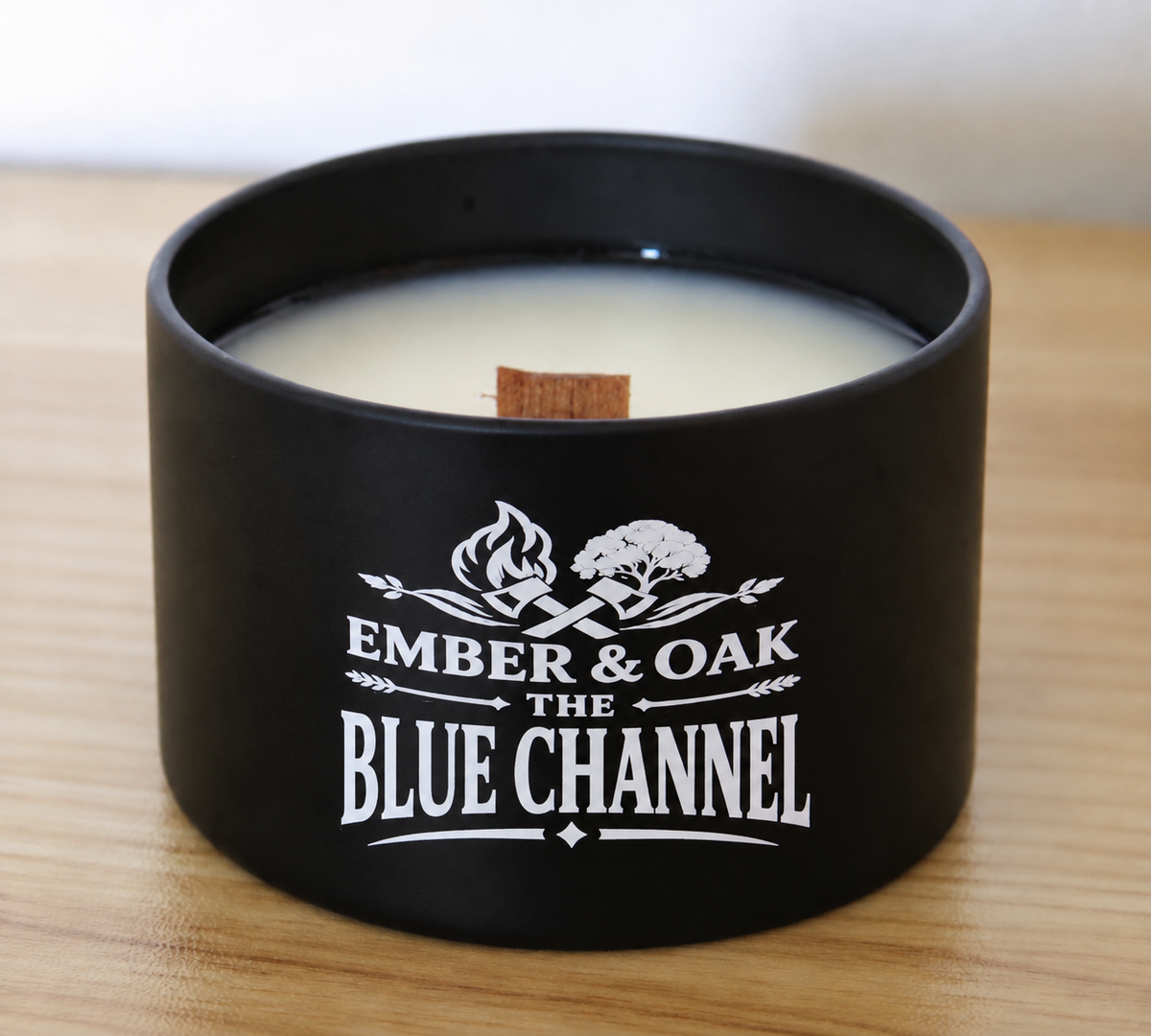     The Blue Channel 8oz candle showing coconut soy wax and wooden wick