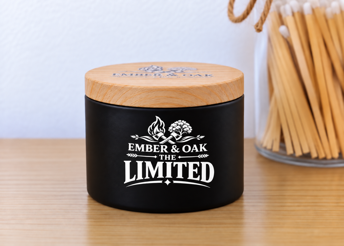     The Limited 8oz luxury scented candle with wooden lid and Ember & Oak branding
