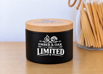     The Limited 8oz luxury scented candle with wooden lid and Ember & Oak branding