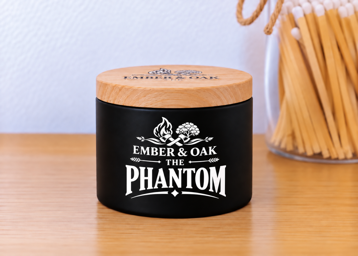     The Phantom 8oz luxury scented candle with wooden lid and Ember & Oak branding