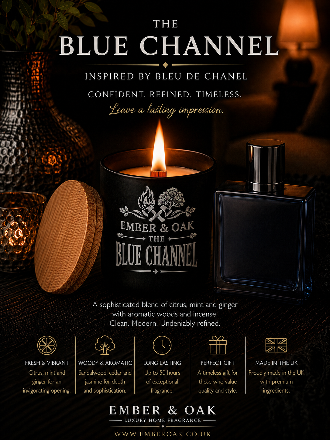 The Blue Channel candle inspired by Bleu de Chanel showing fragrance inspiration and product details