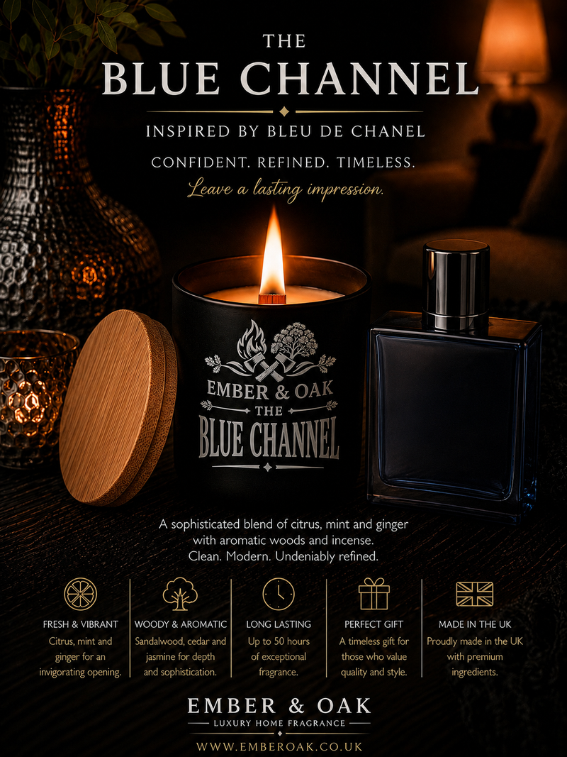 The Blue Channel candle inspired by Bleu de Chanel showing fragrance inspiration and product details