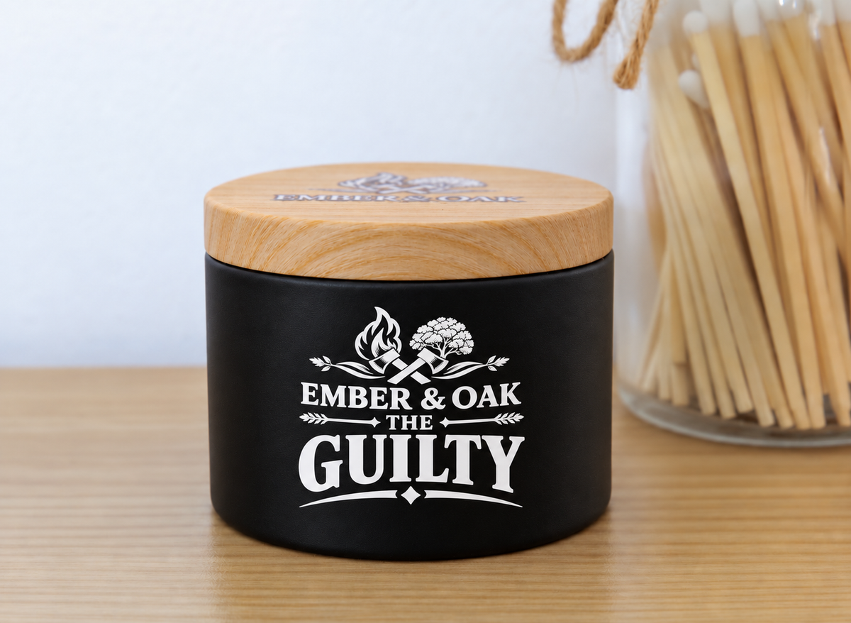     The Guilty 8oz luxury scented candle with wooden lid and Ember & Oak branding