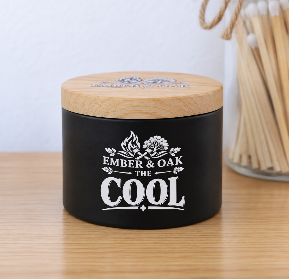     The Cool 8oz luxury scented candle with wooden lid and Ember & Oak branding