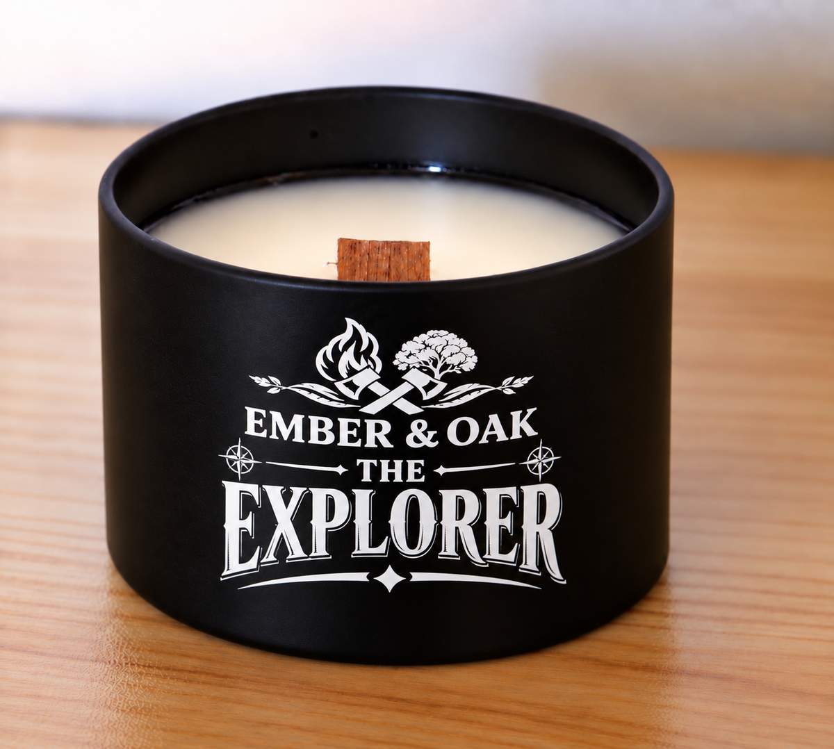     The Explorer 8oz candle showing coconut soy wax and wooden wick