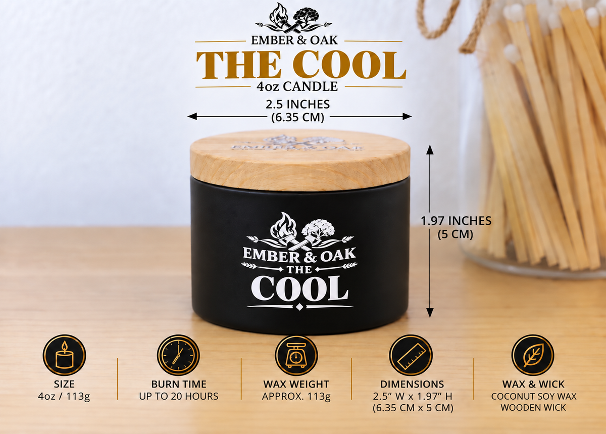     Ember & Oak The Cool 4oz candle showing dimensions, wax weight and product specifications