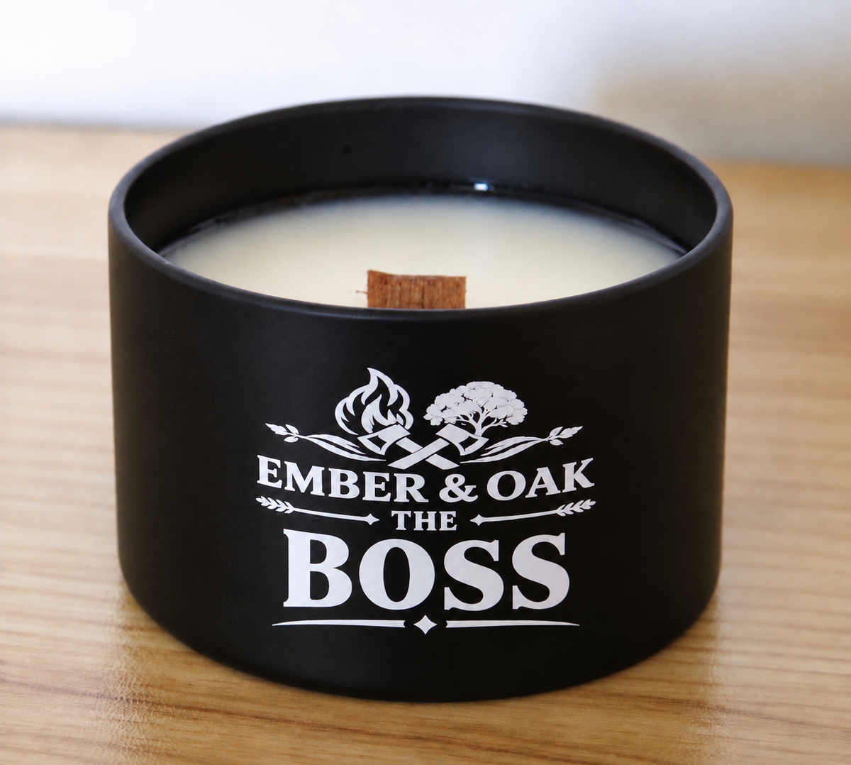     The Boss 8oz candle showing coconut soy wax and wooden wick