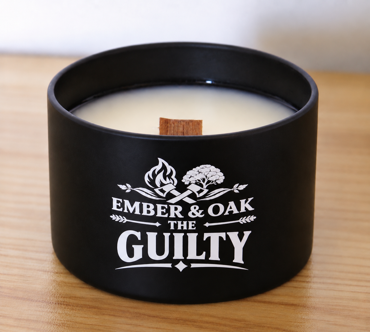     The Guilty 8oz candle showing coconut soy wax and wooden wick