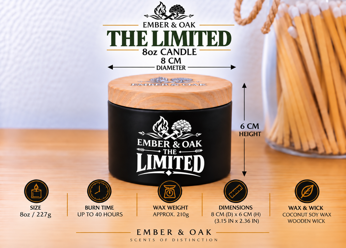     Ember & Oak The Limited 8oz candle showing dimensions, wax weight and product specifications