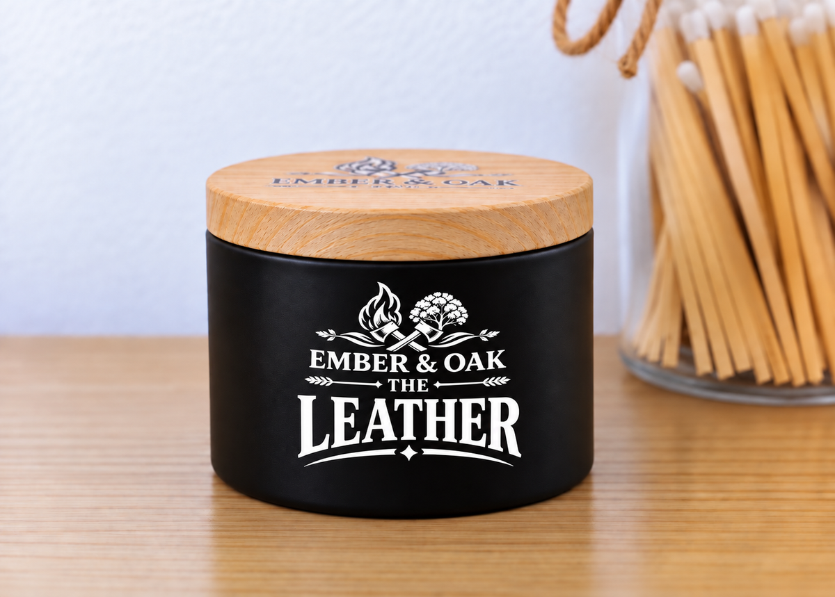 The Leather luxury scented candle with wooden lid and Ember & Oak branding