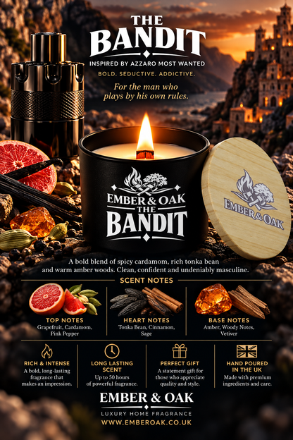     The Bandit luxury candle with Azzaro The Most Wanted-inspired fragrance imagery, scent notes and product details
