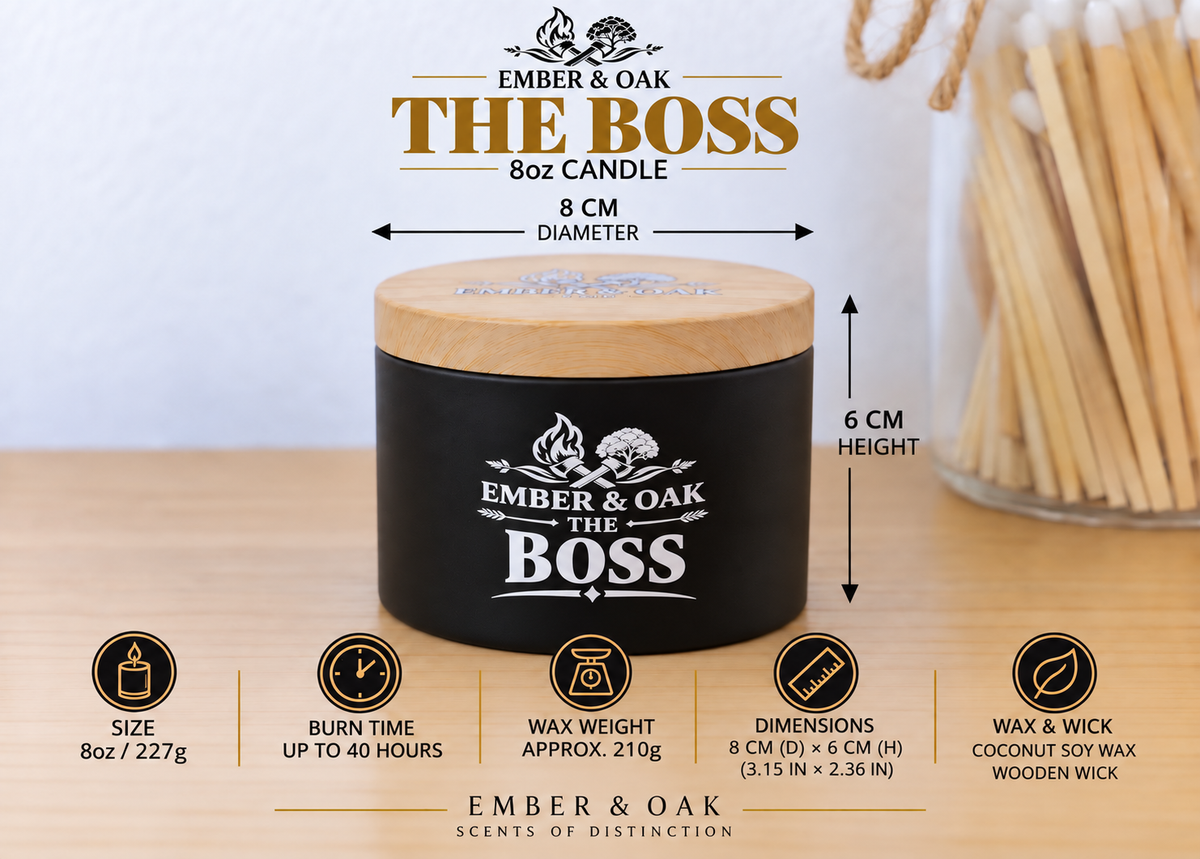     Ember & Oak The Boss 8oz candle showing dimensions, wax weight and product specifications