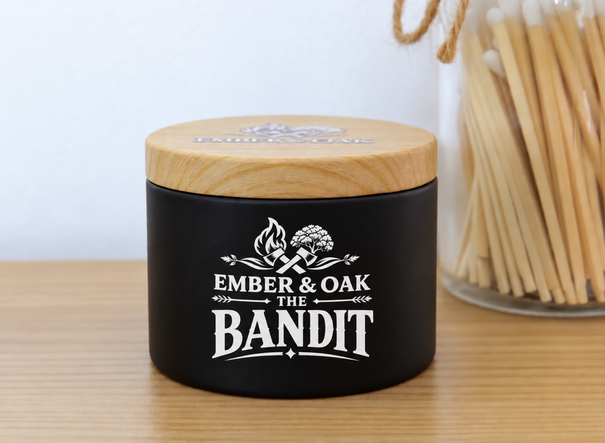     The Bandit 8oz luxury scented candle with wooden lid and Ember & Oak branding