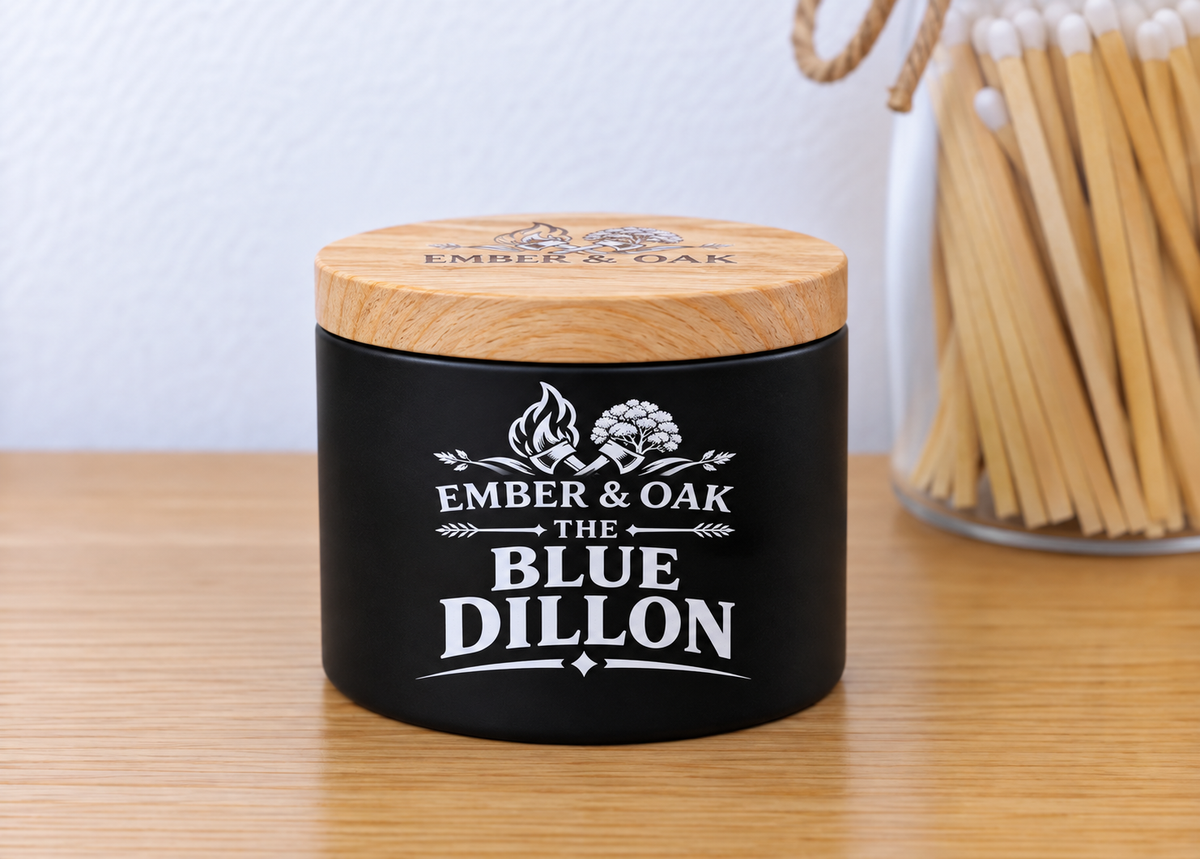     The Blue Dillon 8oz luxury scented candle with wooden lid and Ember & Oak branding
