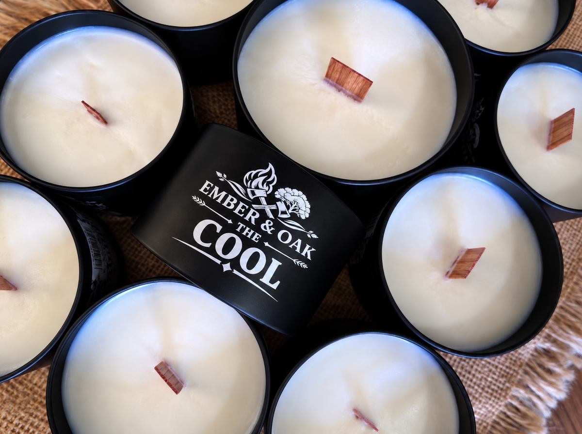     The Cool luxury candle surrounded by multiple Ember & Oak candles