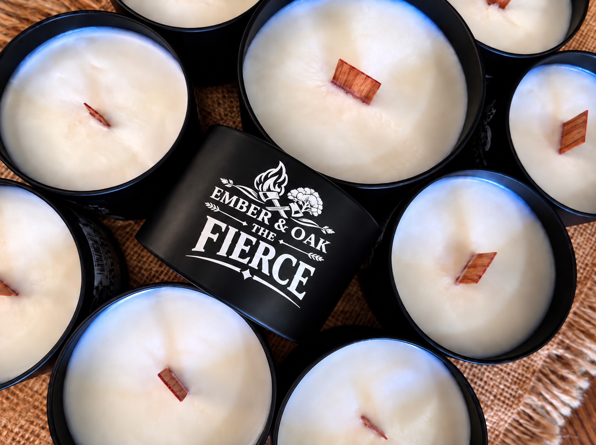     The Fierce luxury candle surrounded by multiple Ember & Oak candles