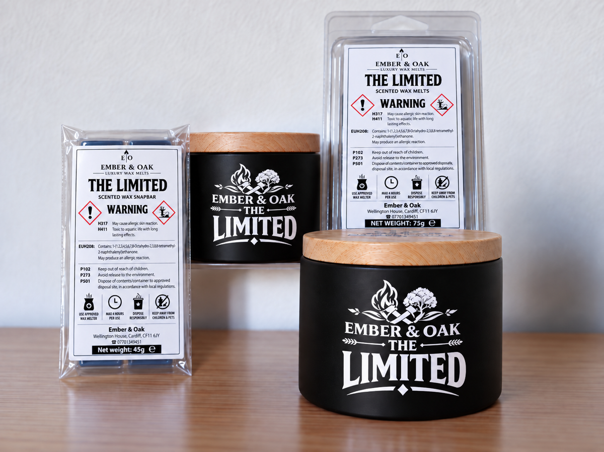     The Limited candle, wax melt and snap bar displayed together with Ember & Oak packaging