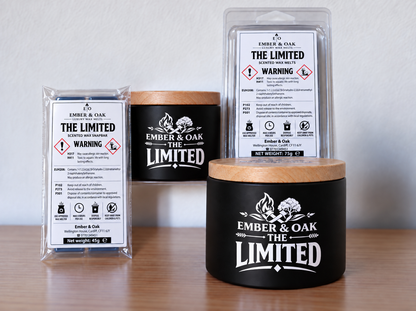    The Limited candle, wax melt and snap bar displayed together with Ember & Oak packaging