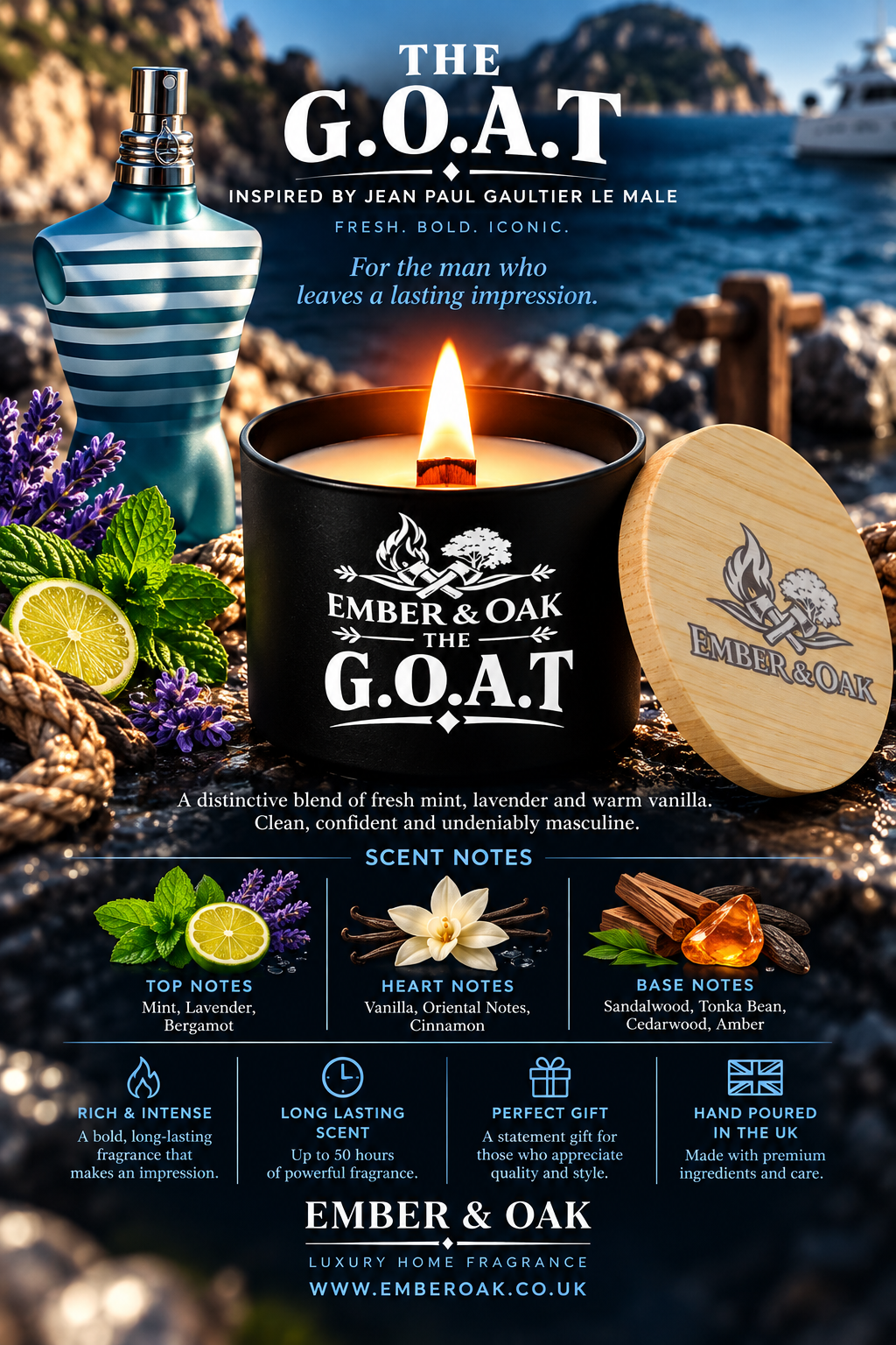     The G.O.A.T luxury candle with Jean Paul Gaultier Le Male-inspired fragrance imagery, scent notes and product details