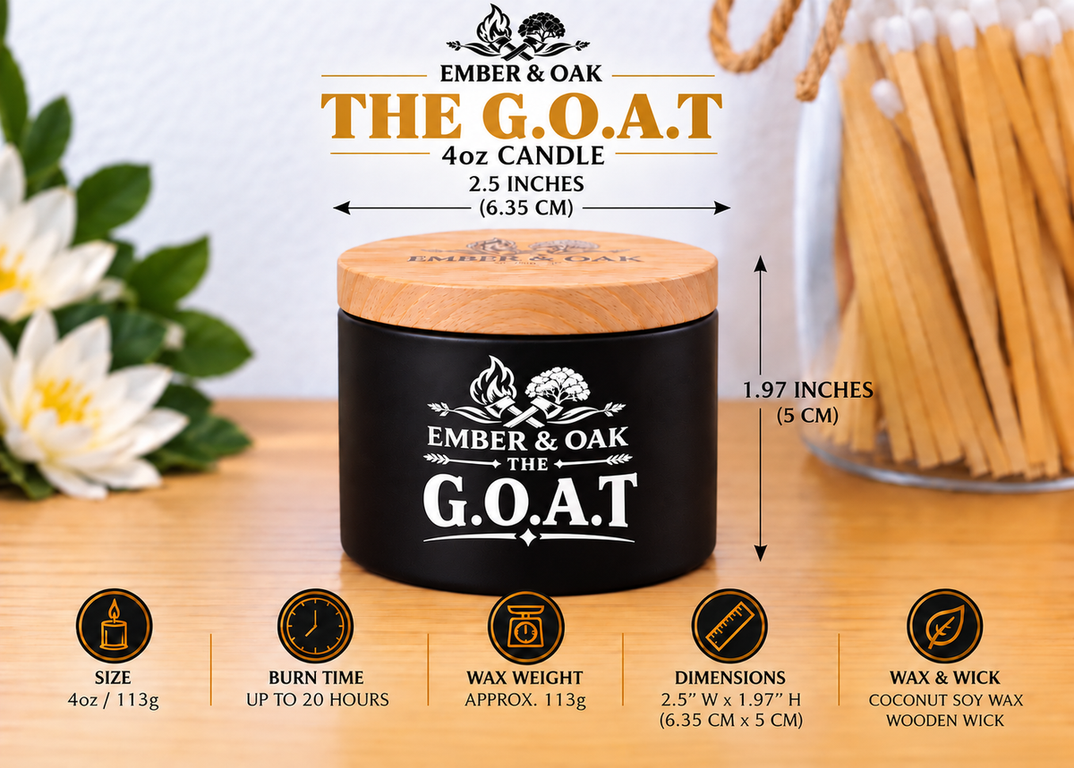     Ember & Oak The G.O.A.T 4oz candle showing dimensions, wax weight and product specifications