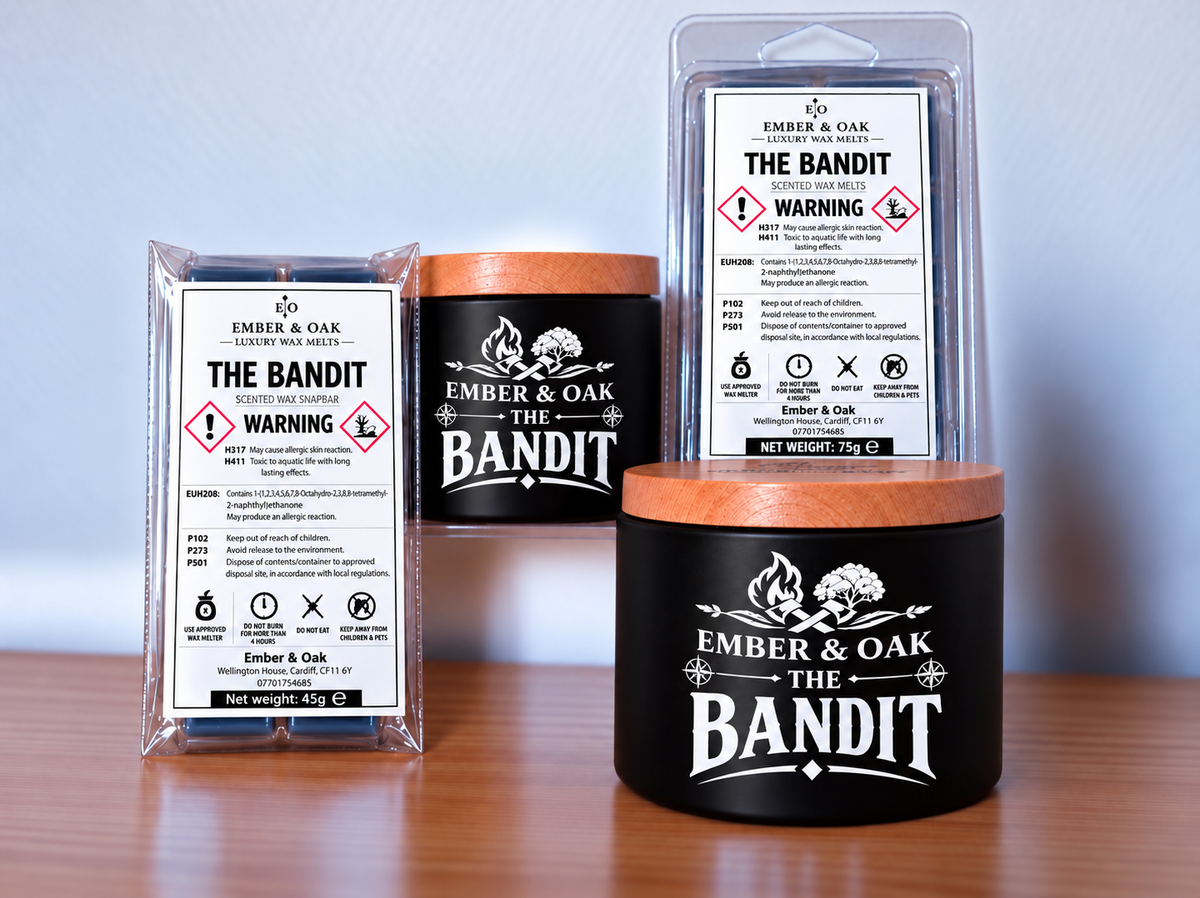     The Bandit candle, wax melt and snap bar displayed together with Ember & Oak packaging