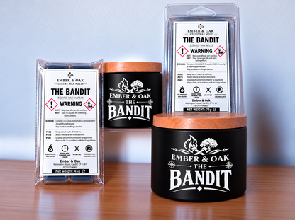     The Bandit candle, wax melt and snap bar displayed together with Ember & Oak packaging