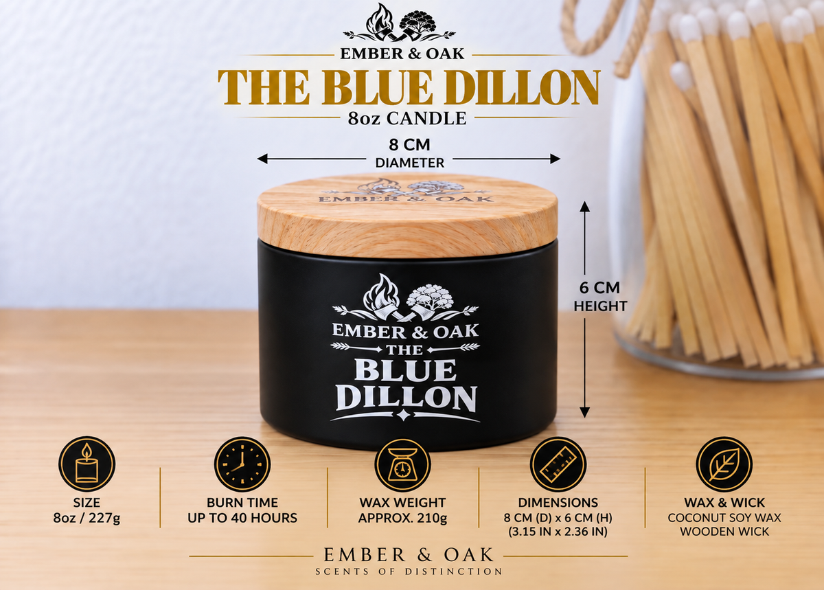     Ember & Oak The Blue Dillon 8oz candle showing dimensions, wax weight and product specifications