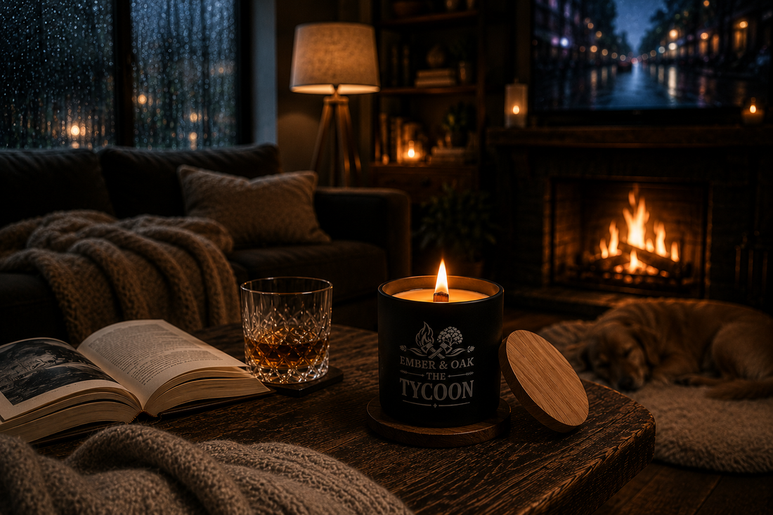 An Ember and Oak candle glowing in a cosy room beside a fireplace