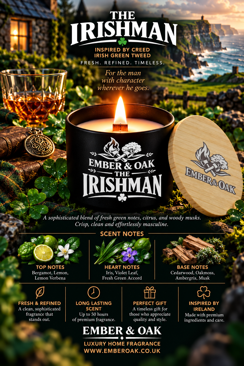     The Irishman luxury candle with Creed Green Irish Tweed-inspired fragrance imagery, scent notes and product details