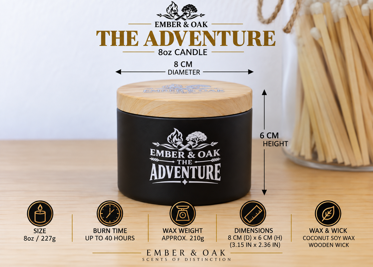 Ember & Oak The Adventure 8oz candle showing dimensions, wax weight and product specifications