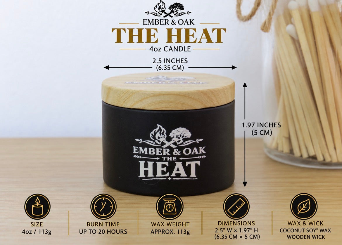     Ember & Oak The Heat 4oz candle showing dimensions, wax weight and product specifications
