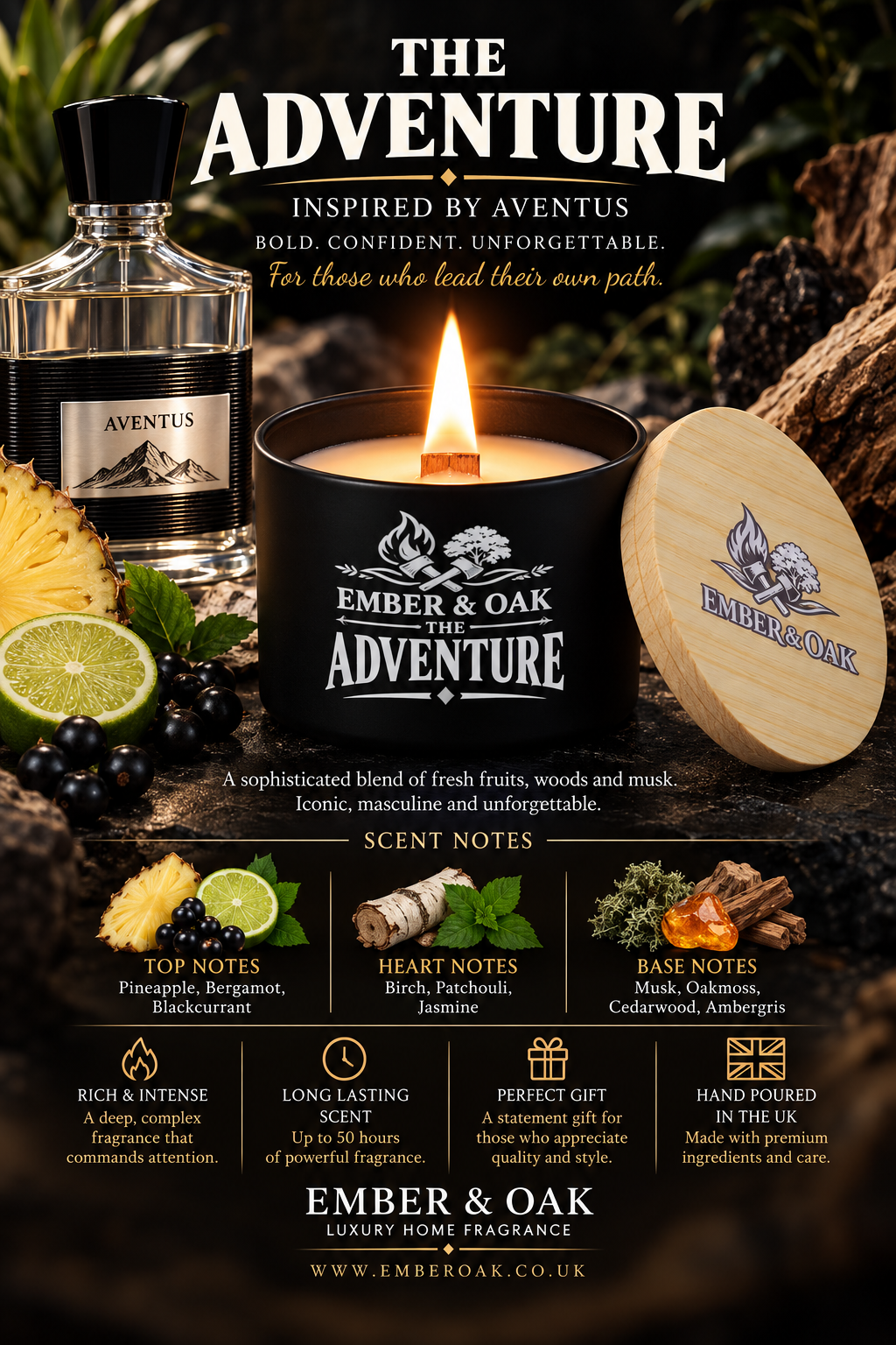 The Adventure luxury candle with Aventus-inspired fragrance imagery, scent notes and product details