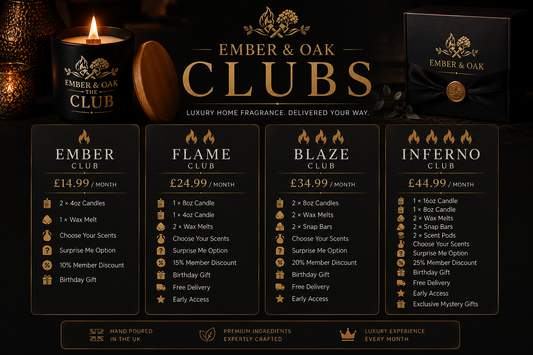 Ember & Oak Club membership options showing Ember, Flame, Blaze and Inferno subscription plans