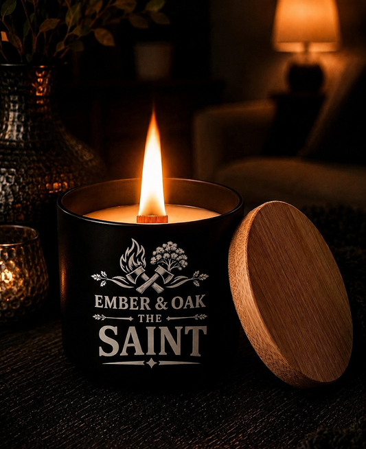 The Saint luxury candle with wooden lid and crackling wooden wick
