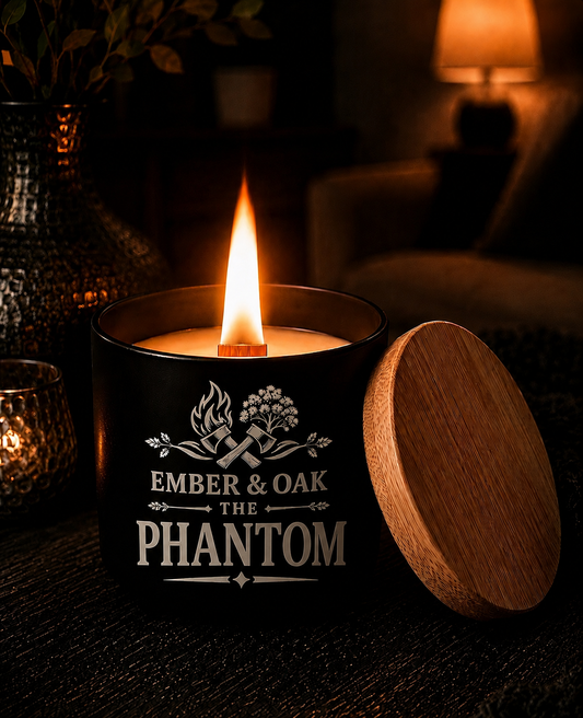The Phantom luxury candle inspired by Phantom with wooden lid and crackling wooden wick