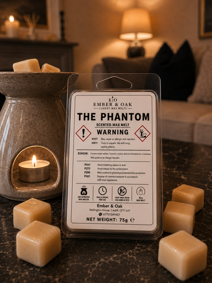     Ember & Oak The Phantom luxury scented wax melt with wax melt burner and individual wax melts