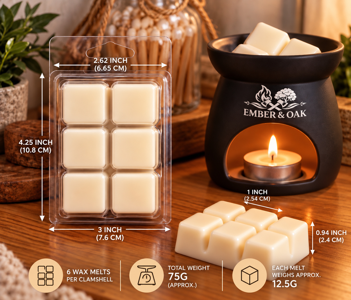Ember & Oak luxury wax melts in a clear six-cube clamshell with wax melt burner