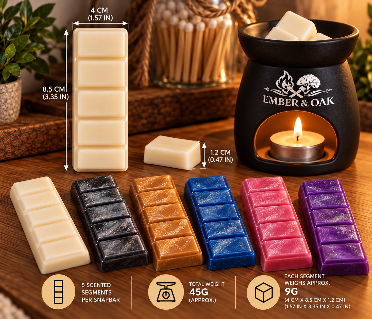 Ember & Oak scented snapbars in multiple mica colours with five segments per snapbar