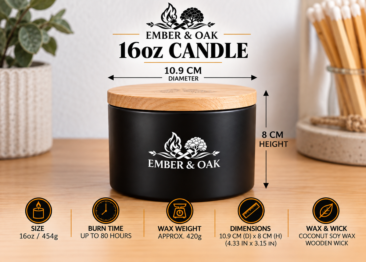 Ember & Oak 16oz luxury scented candle with wooden lid, showing 454g size, 420g approximate wax weight, 10.9cm diameter and 8cm height