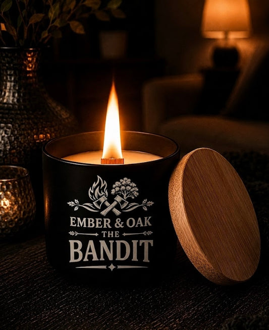 The Bandit luxury candle inspired by The Most Wanted with wooden lid and crackling wooden wick
