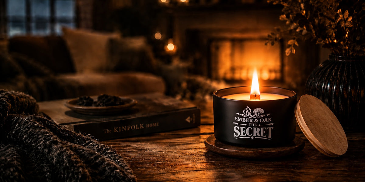 The Secret Ember & Oak candle glowing beside a fireplace